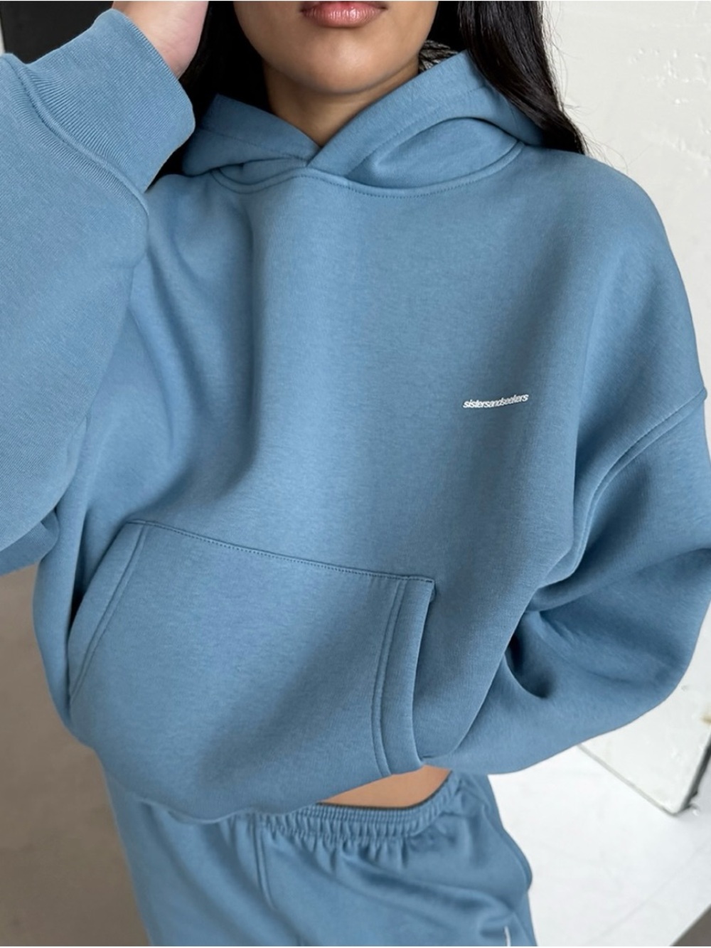 NWOT Sisters and Seekers Shrunken Hoodie In Mid Blue